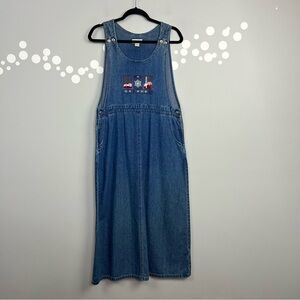 Vintage Christopher & Banks Denim Jumper Dress Size S Cotton Embroidered Winter
